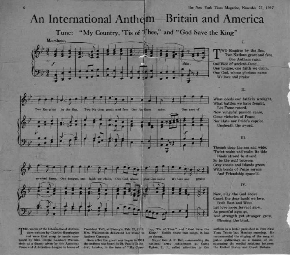 Sheet Music for "An International Anthem - Britain and America," 1917 page 1