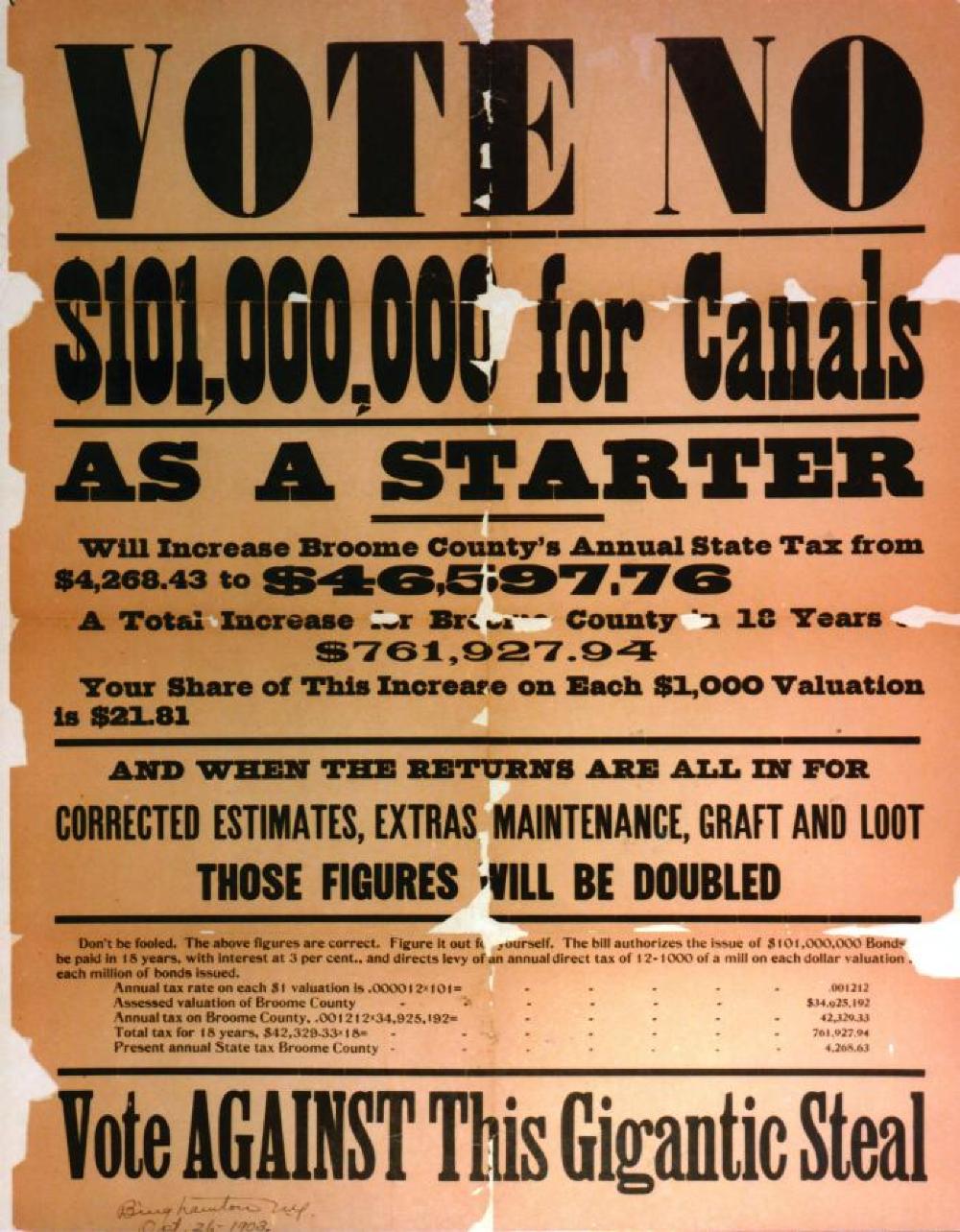 Barge Canal Broadside "Vote No", Binghamton, 1903 page 1