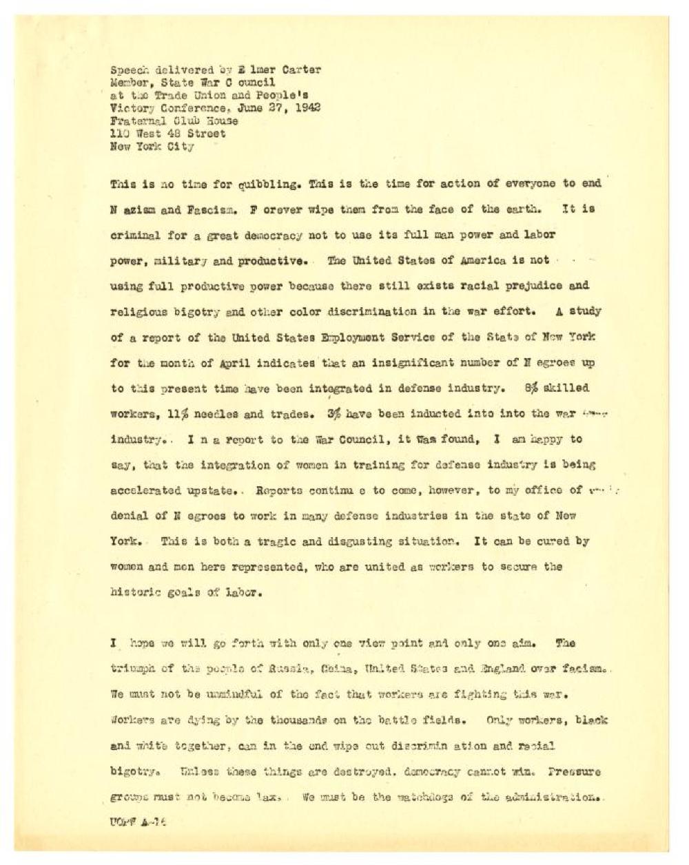 Speech by Elmer Carter, New York State War Council, 1942 page 1