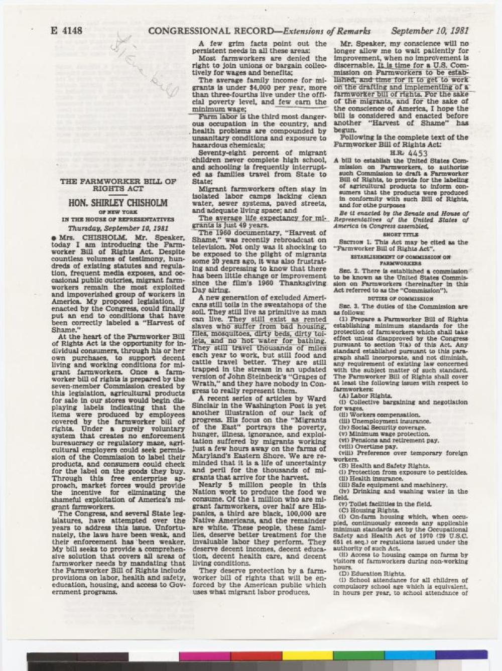 Shirley Chisholm's Introduction of The Farmworker Bill of Rights Act, 1981 page 1