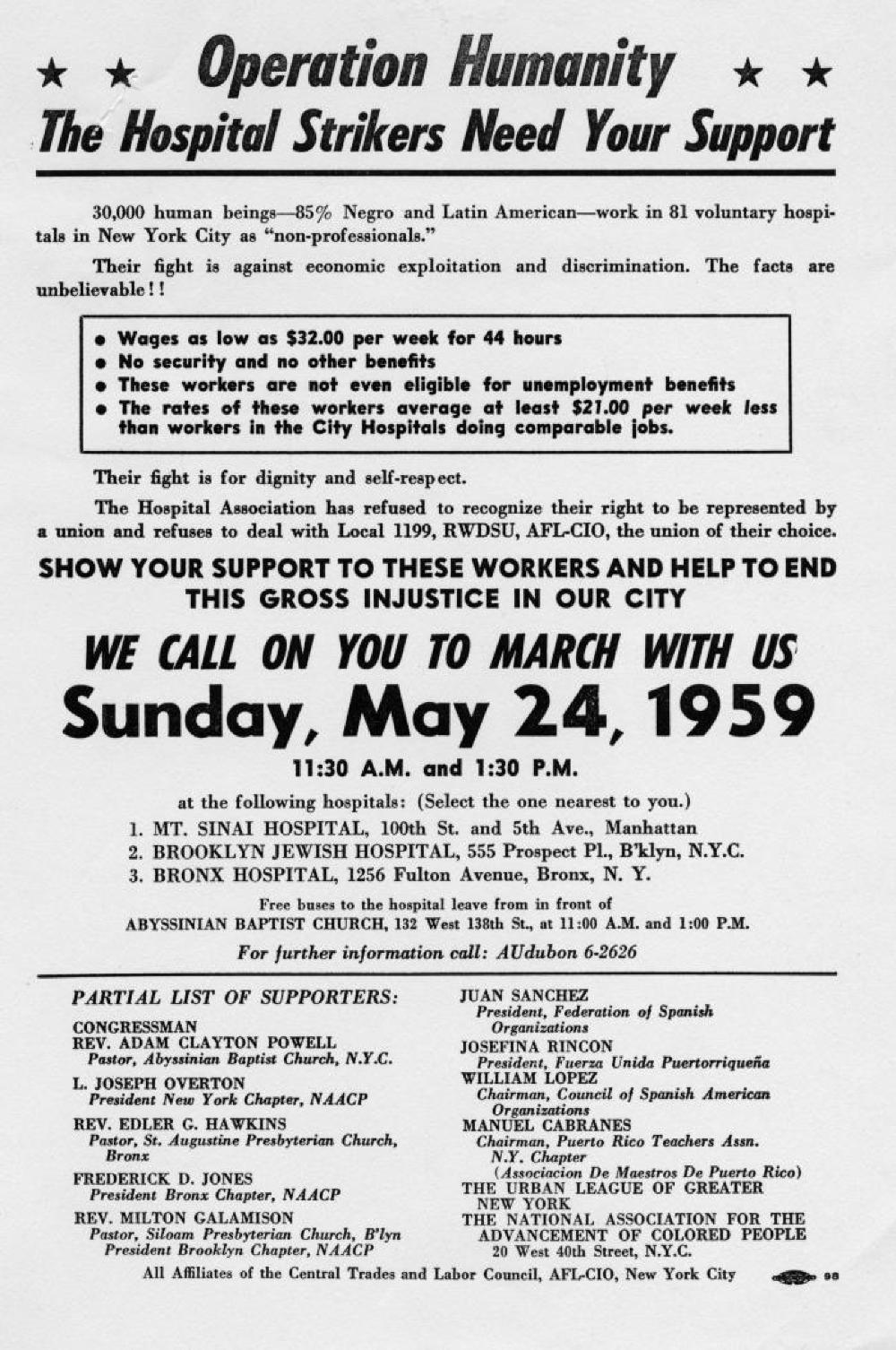 Operation Humanity: The Hospital Workers Need Your Support, 1959 page 1