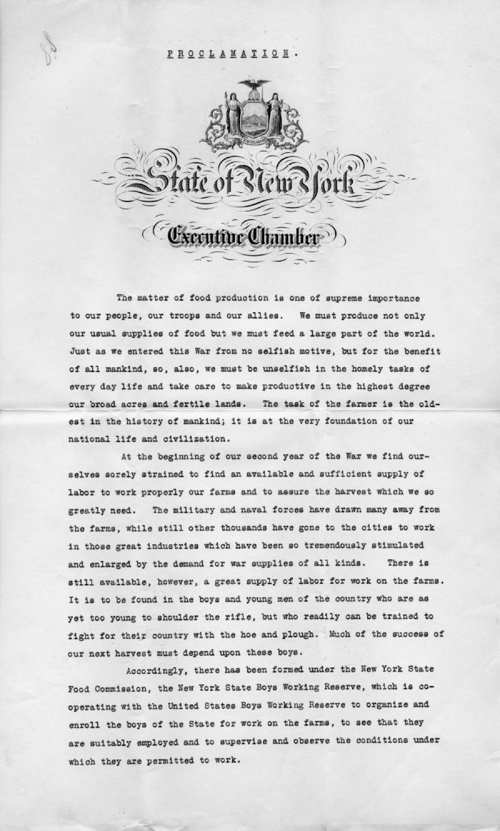 Governor Whitman's Proclamation about the New York State Boys Working Reserve, March 14, 1918 page 1