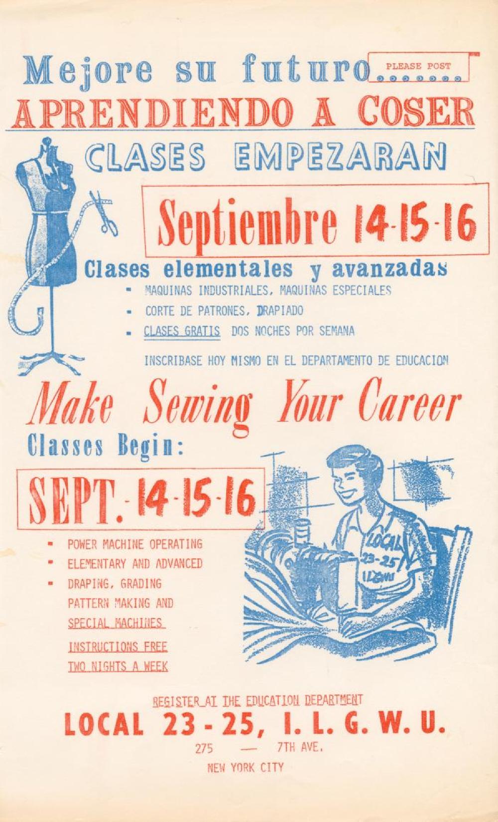"Make Sewing Your Career" Flyer in Spanish and English, New York City, c. 1970s page 1