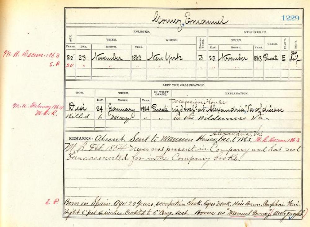 Civil War Muster Roll Abstract for Emanuel Gomez, c. 1864 page 1
