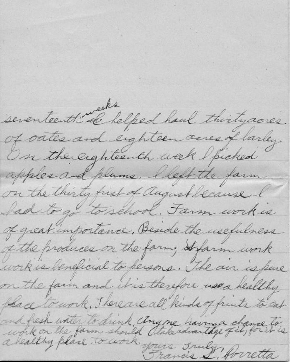 Francis Paretta's Farm Cadet Essay, World War I, September 10, 1918 page 4