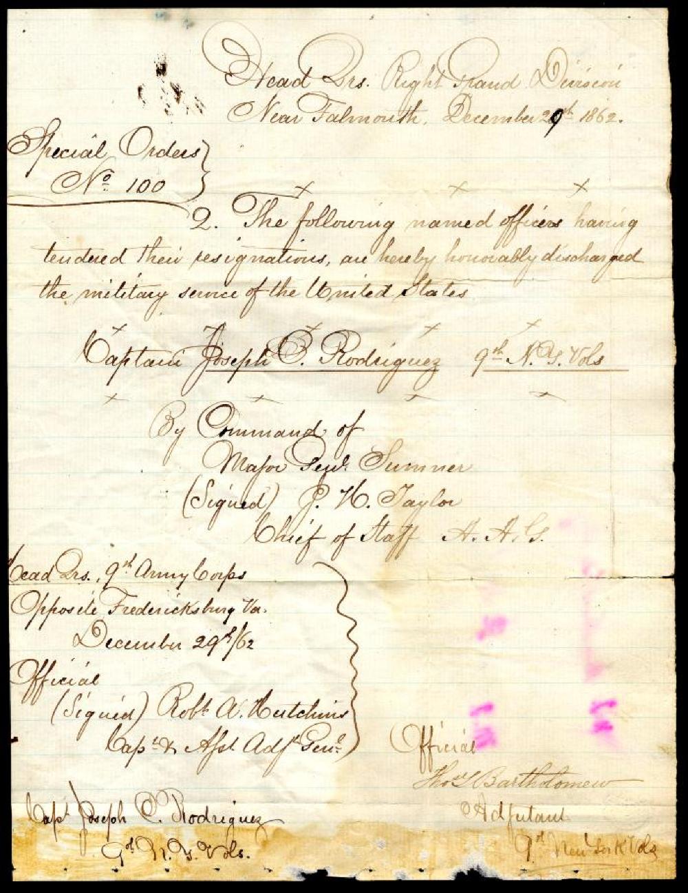Civil War Honorable Discharge, Joseph Rodriguez, 1862 page 2