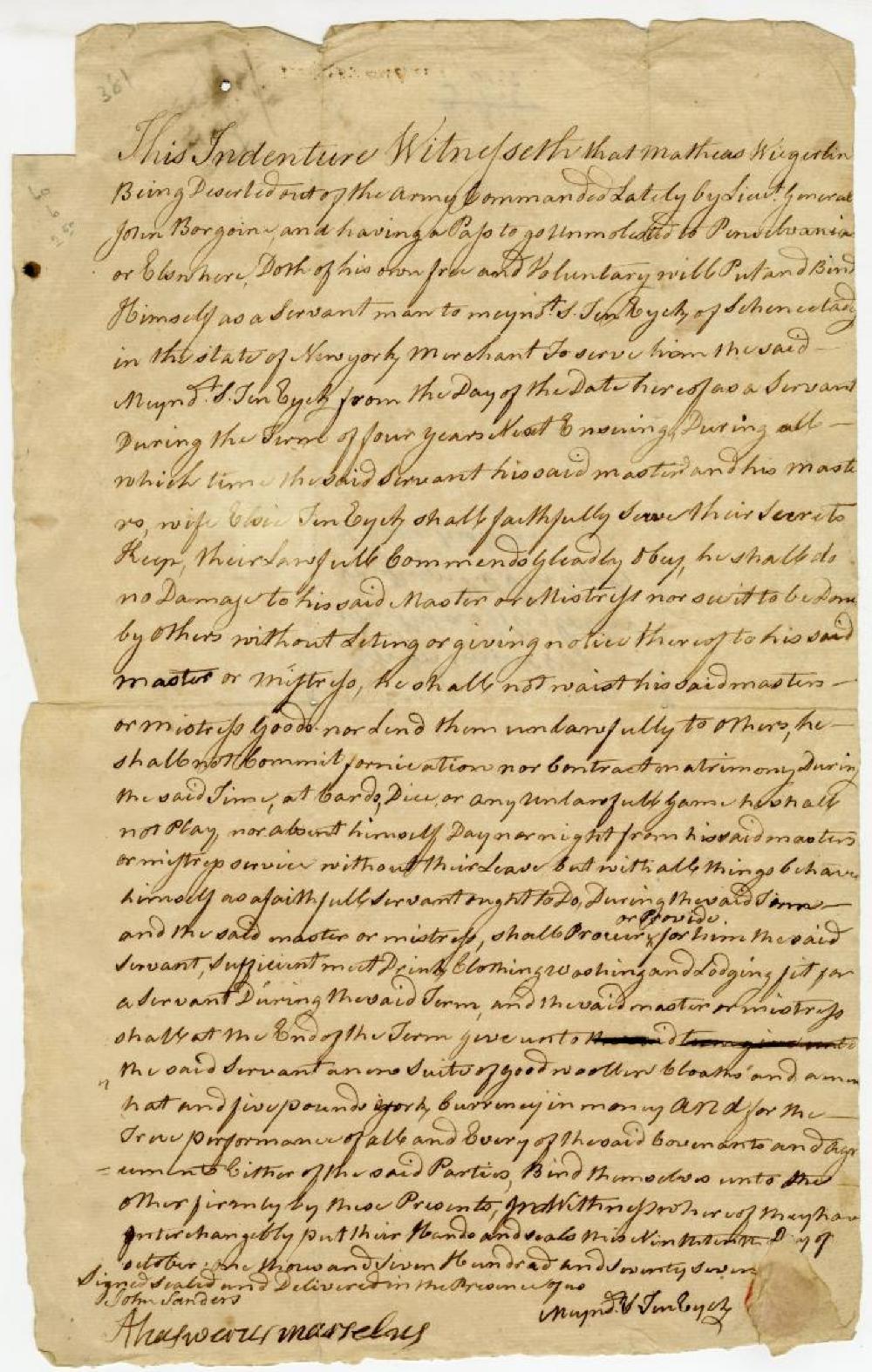 Indenture of Matheas Wirgerlin, Schenectady, October 28, 1777 page 1