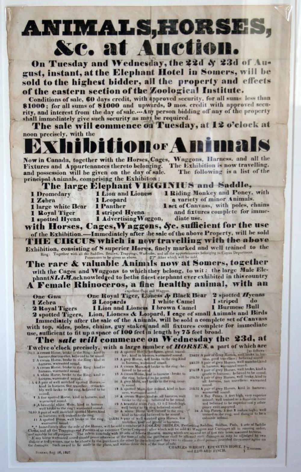 "Animals, Horses, &c. at Auction", Circus, Somers, 1837 page 1