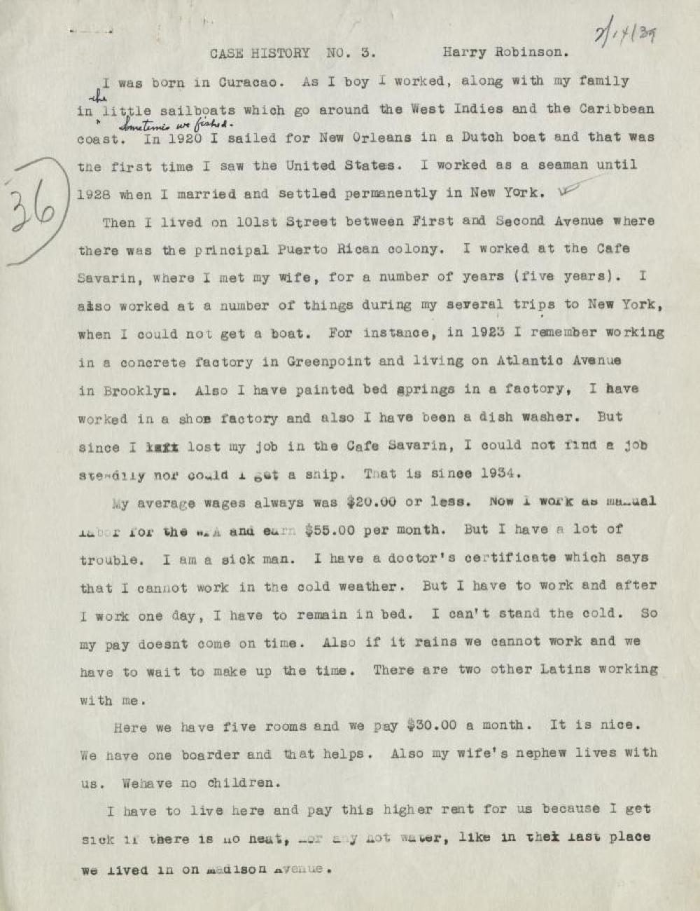 Federal Writer's Project Interview, Case #3, with a Male Immigrant from Curacao, 1939 page 1