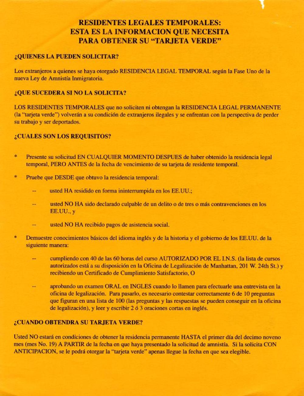 Immigration and Naturalization Service Flyer and Fact Sheet in Six Languages, New York, NY, 1989 page 5