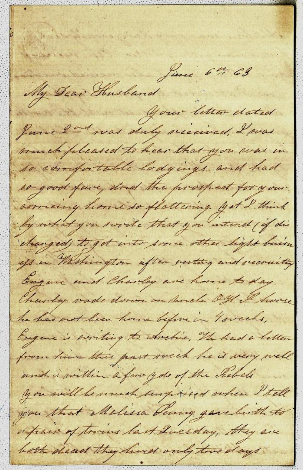 Letter from Jane Penny to her Husband June 6, 1863 page 1