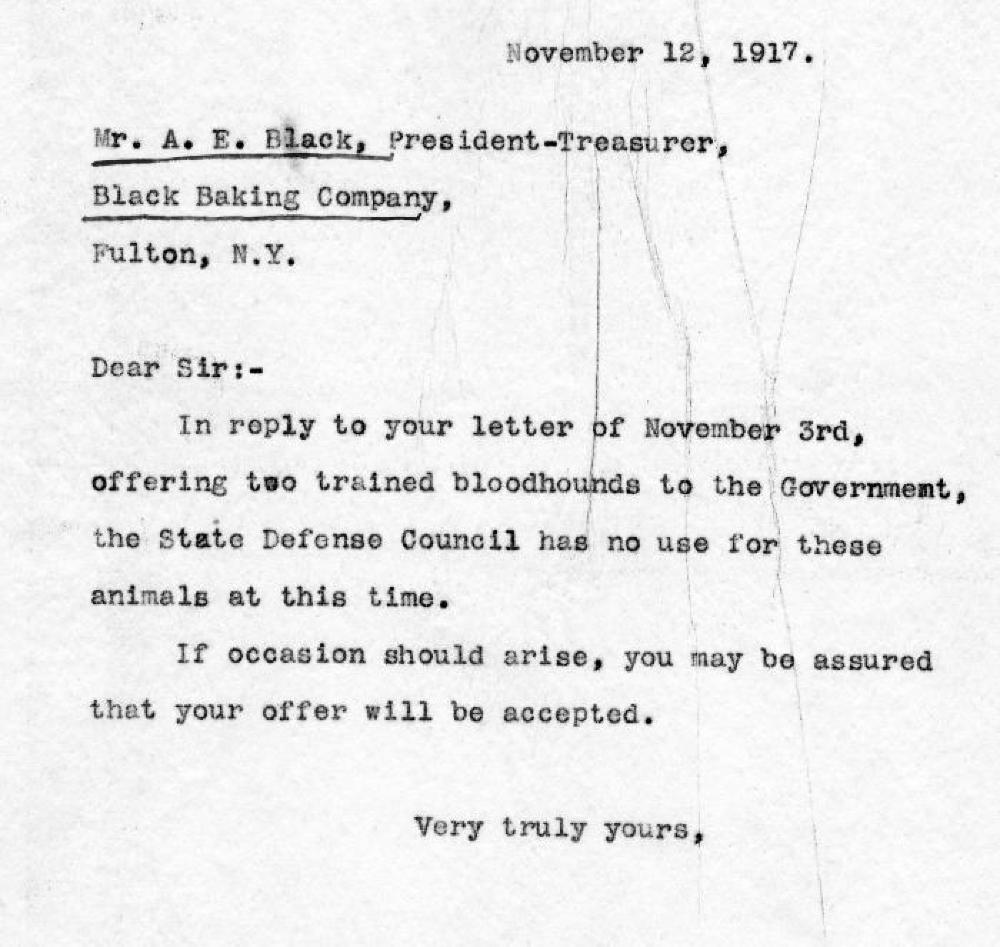 Letter to A. E. Black, Reply Declining Two Bloodhounds, 1917 page 1
