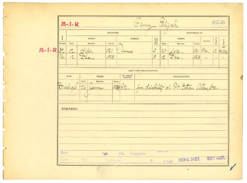 Civil War Muster Roll Abstract for Elijah Penny of the 4th Heavy Artillery page 1