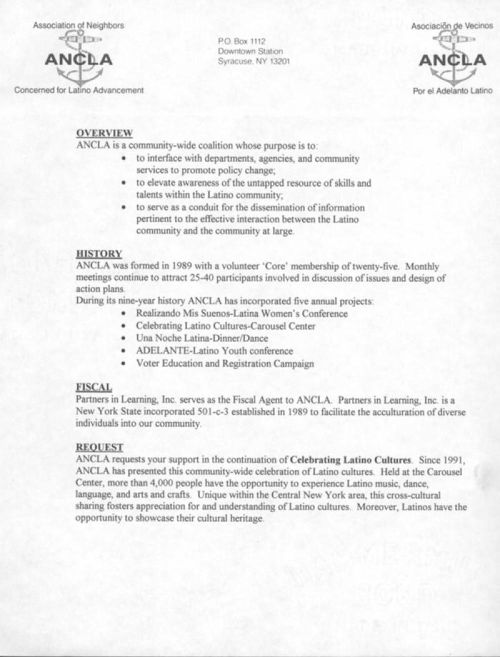 "Celebrating Latino Cultures," Association of Neighbors Concerned for Latino Advancement (ANCLA), c. 1998 page 1