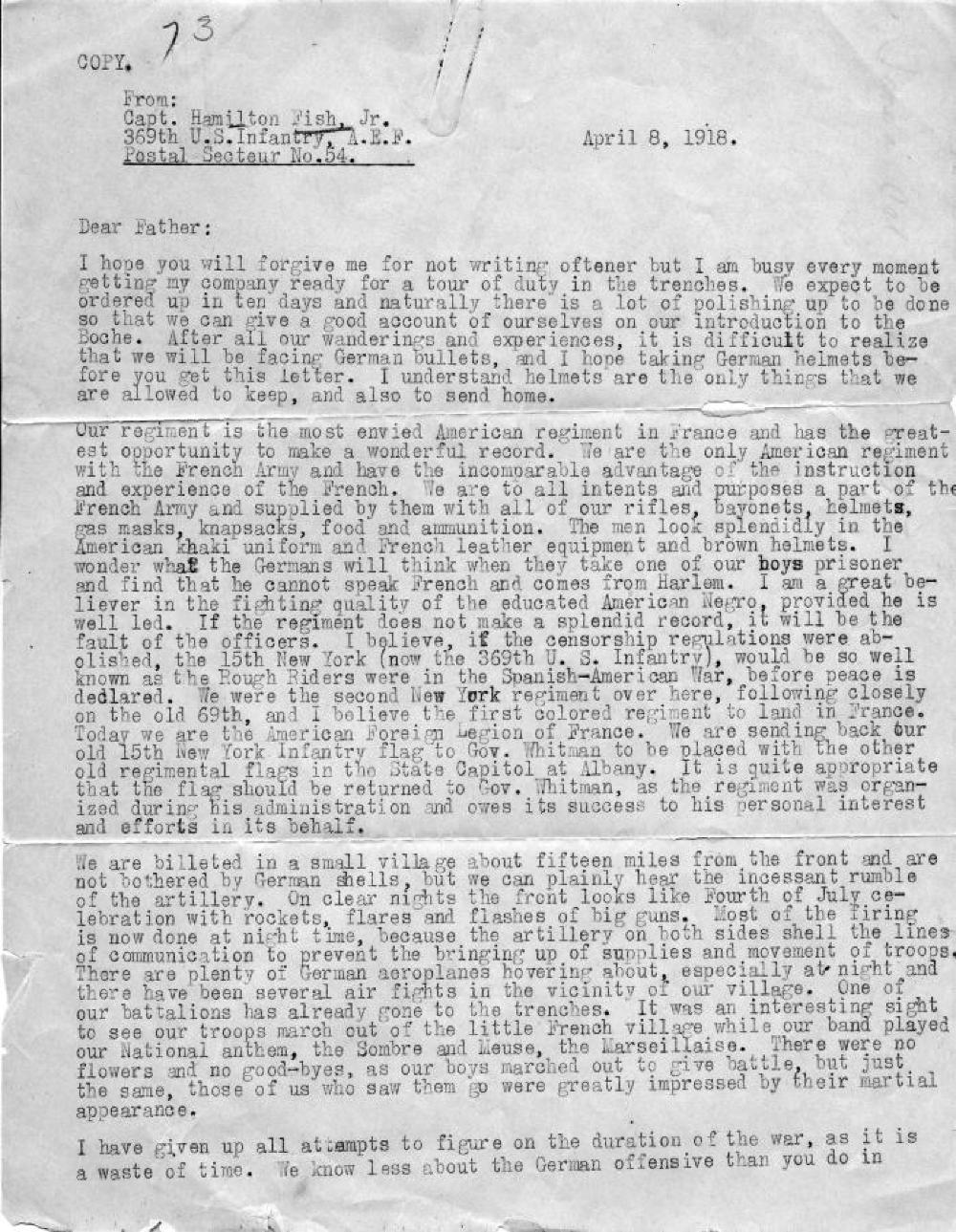 Letter from Hamilton Fish to His Father, April 8, 1918 page 1