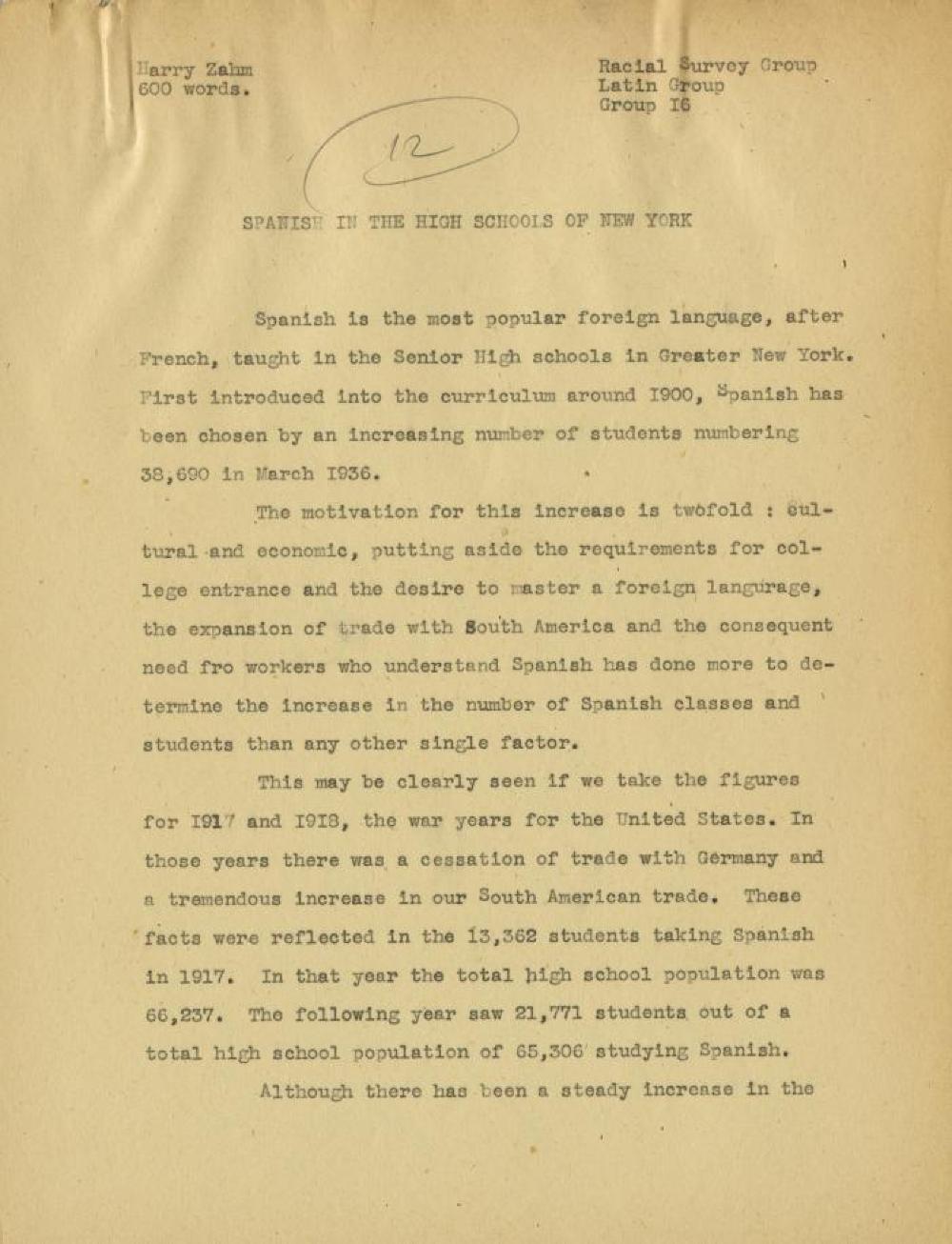 A Survey of Spanish Language Classes Taught in the High Schools of New York City, c. 1936 page 1