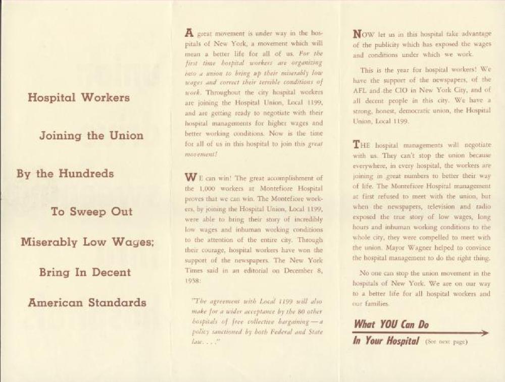 Recruitment Flyer for the Hospital Union, Local 1199, in English and Spanish, ca. 1958 page 1