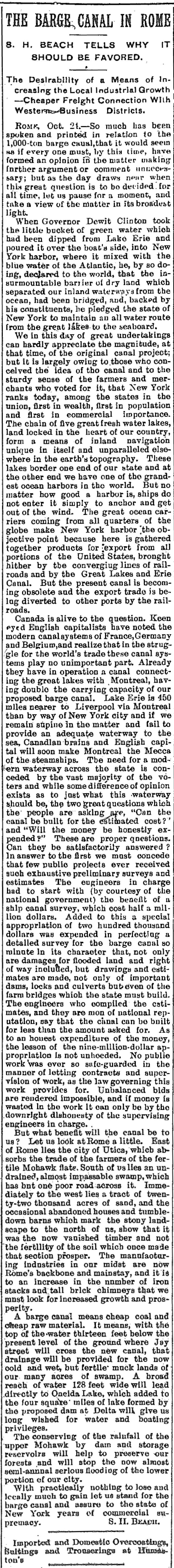Rome Daily Sentinel Newspaper Article about the Barge Canal, 1903 page 1