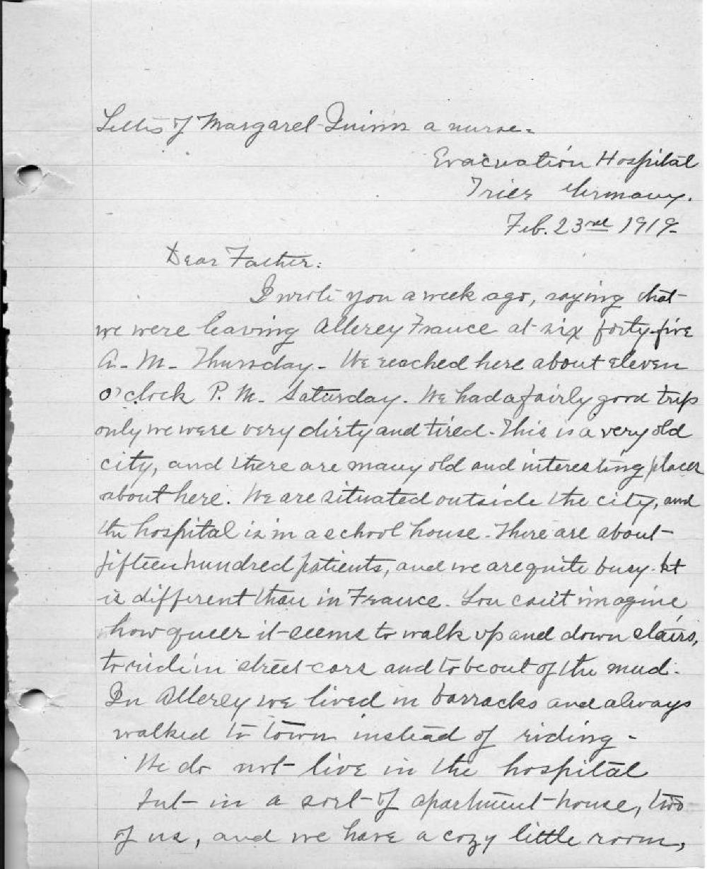 Margaret Quinn Letter, World War I, 1919 page 1