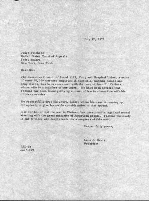 Letter to Judge Feinberg, Drug & Hospital Employees Union, Local 1199, 1971 thumbnail page 1