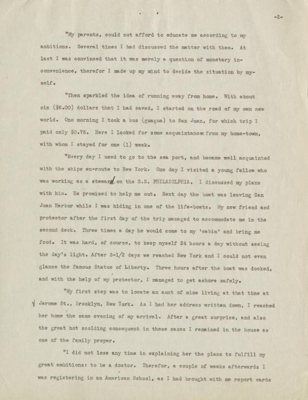 Federal Writers' Project Interview, Family Case History, with a Male Immigrant from Fajardo, Puerto Rico, 1939 page 2
