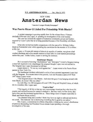 Load Article, "Was Puerto Rican GI Jailed For Friendship With Blacks?" Amsterdam News, May 8, 1971 in Main Document Viewer