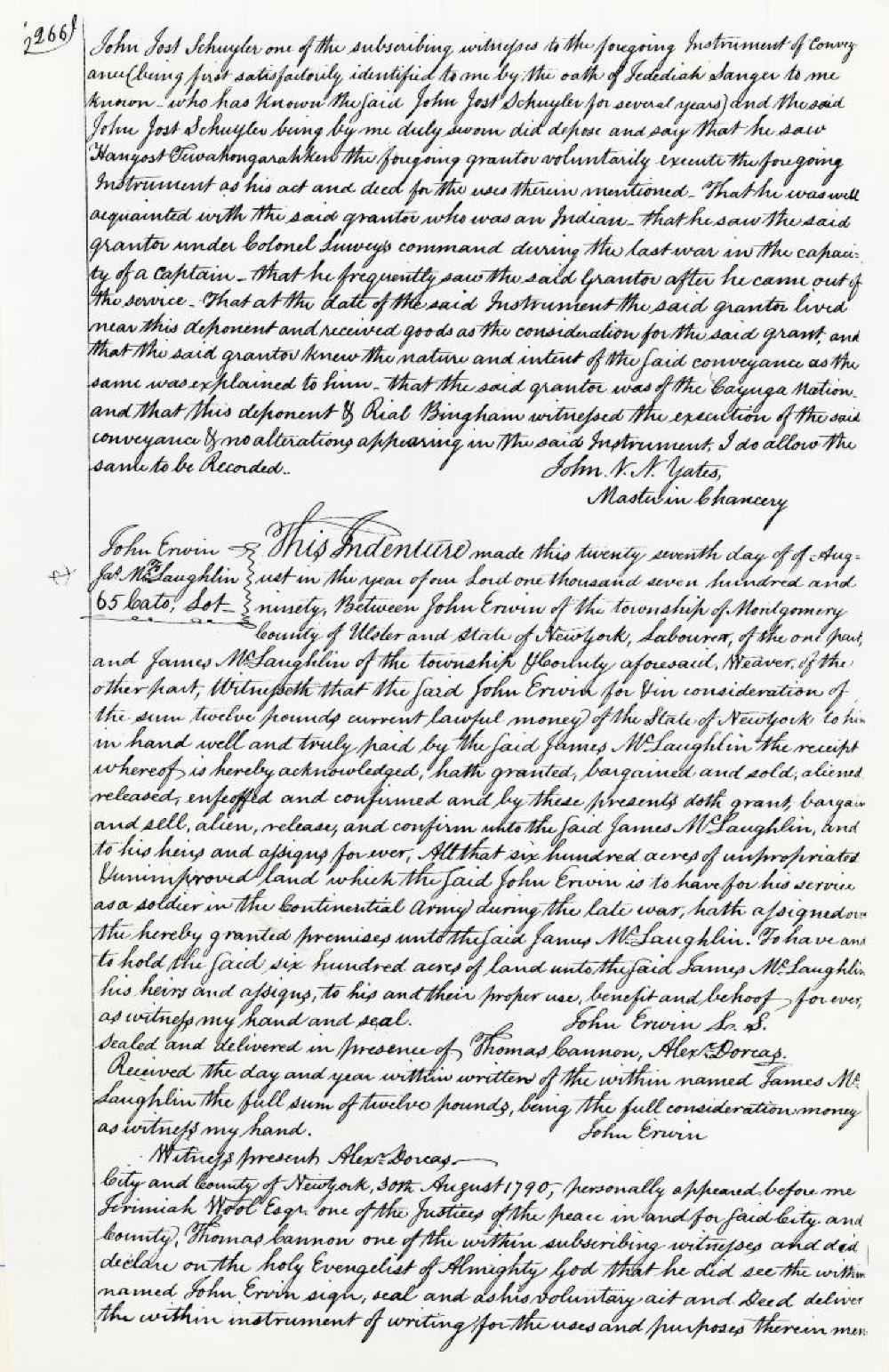 Deeds for Land, Military Tract, Cayuga County, 1791 (Issac Samson and Hanyost Tewahongarahken) page 4