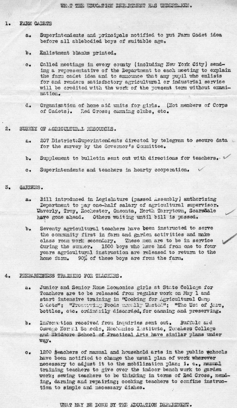 "What the Education Department has Undertaken," Farm Cadet Program, Agriculture and Training, World War I, c. 1917 page 1