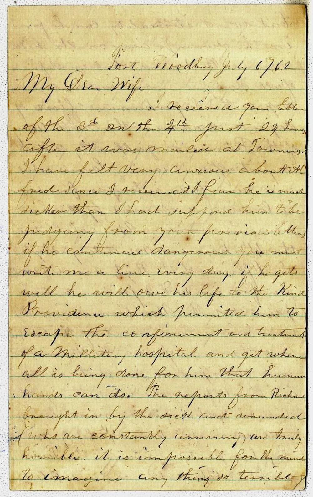 Letter from Elijah Penny to his wife; July 6, 1862 page 1