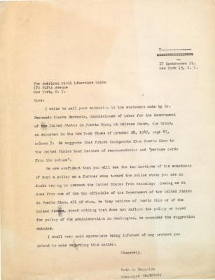 Load Letter to American Civil Liberties Union (ACLU) about Puerto Rican Immigration Credentials, c. 1947 in Main Document Viewer