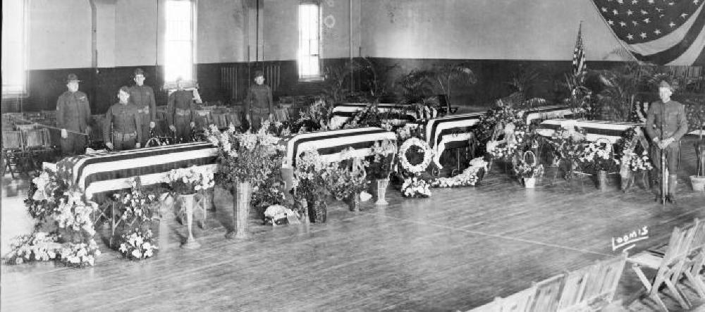 Coffins Laid Out in Elmira, NY, World War I, c. 1917 page 1