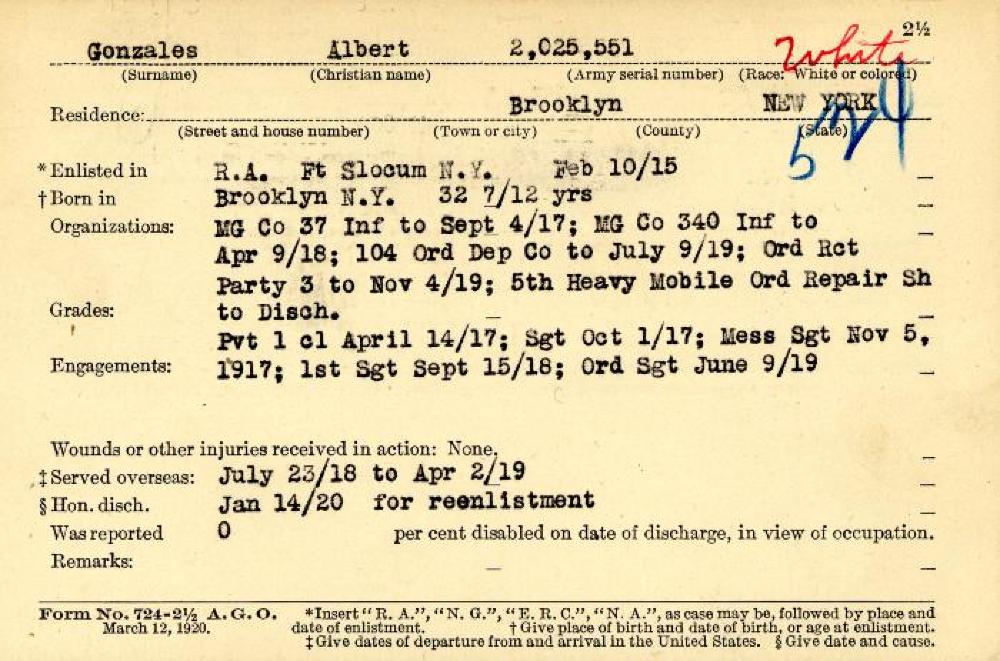 World War I Service Record for Albert Gonzales, c. 1920 page 1
