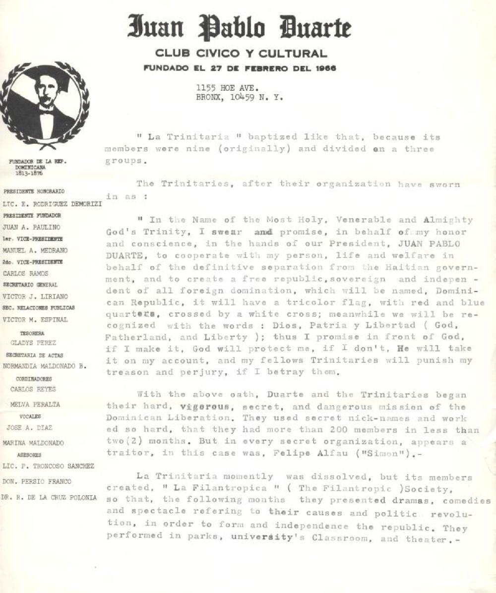 Trinitarian Oath, Juan Pablo Duarte, Dominican Republic and Haiti, n.d. page 1