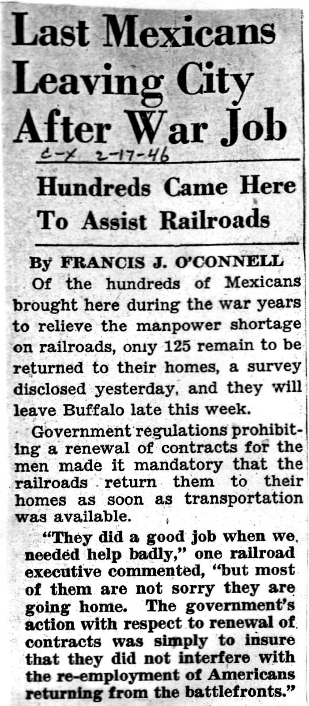 "Last Mexicans Leaving City After War Job," Buffalo Courier Express, February 17, 1946 page 1