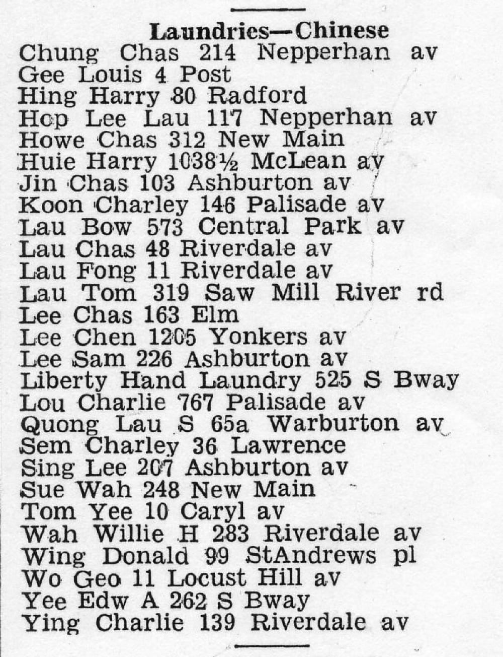 City of Yonkers Directory Listing Chinese Laundries, 1936 page 1
