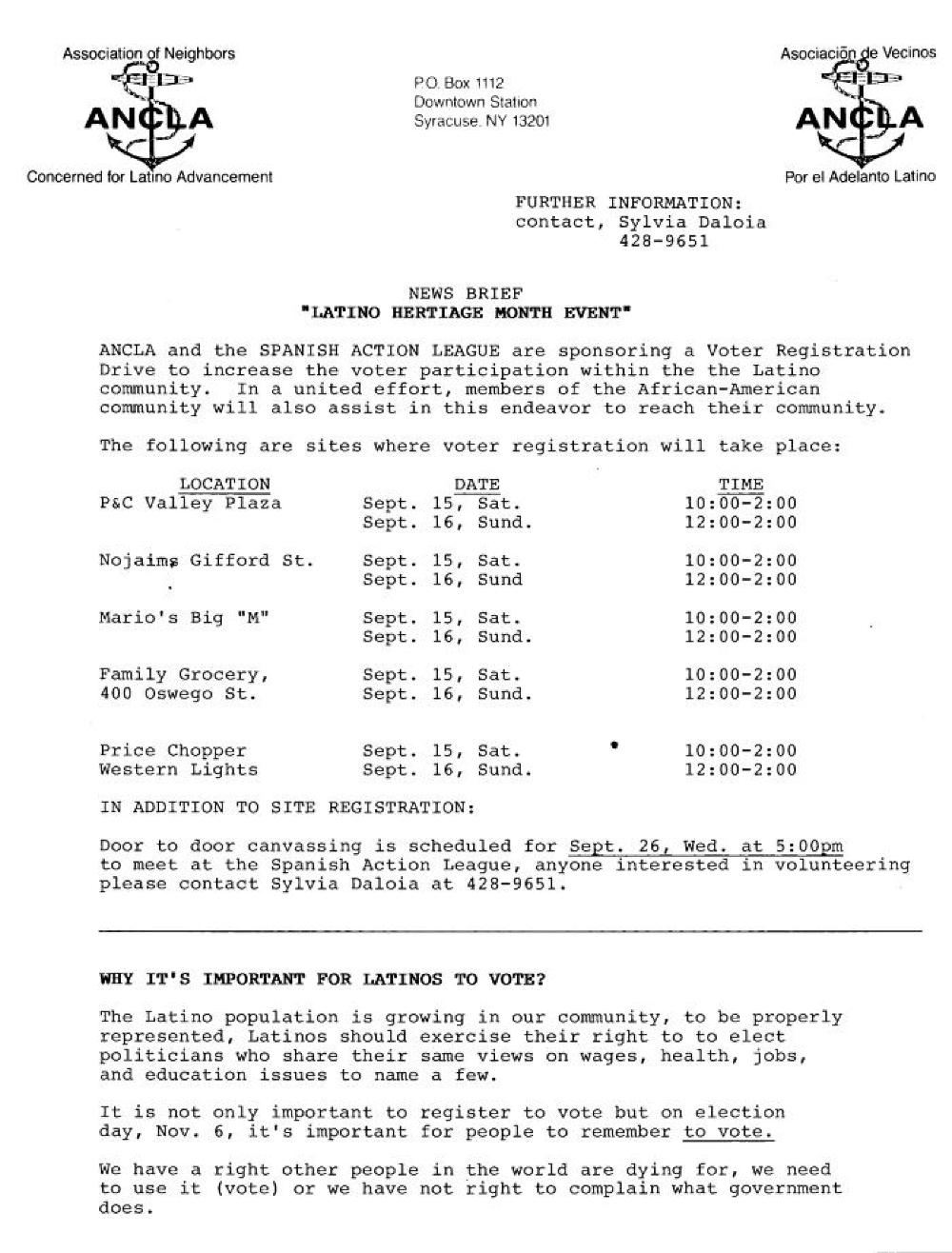 Latino Voter Registration Drive Announcement, Association of Neighbors Concerned for Latino Advancement (ANCLA) c. 1997 page 1