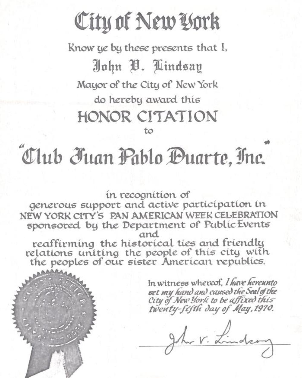 Honor Citation for "Club Juan Pablo Duarte, Inc.," 1970 page 1