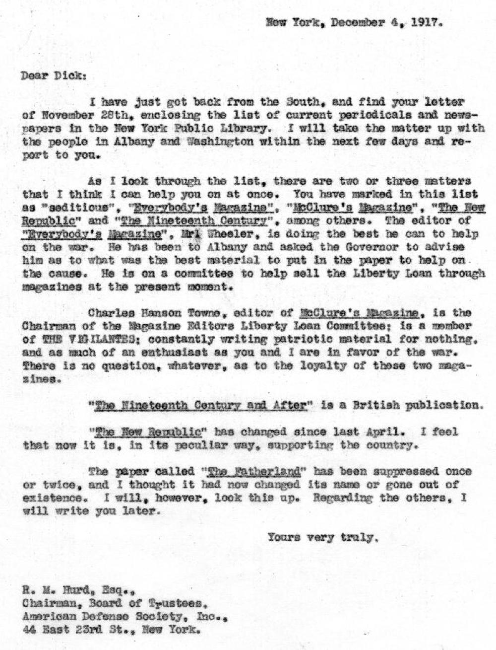 American Defense Society Letter, December 4, 1917 page 1