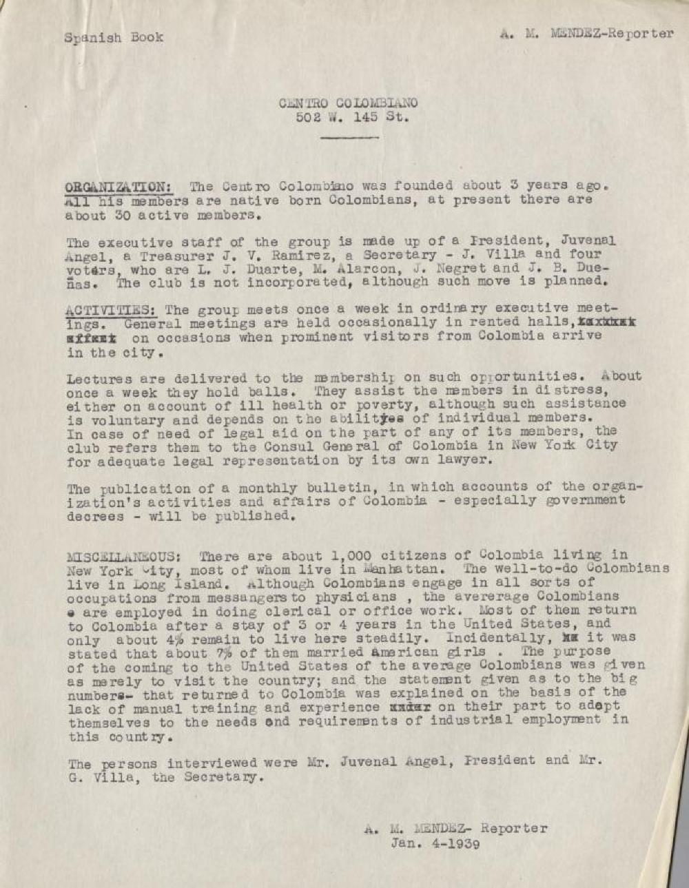 Report on Centro Colombiano, 1939 page 1