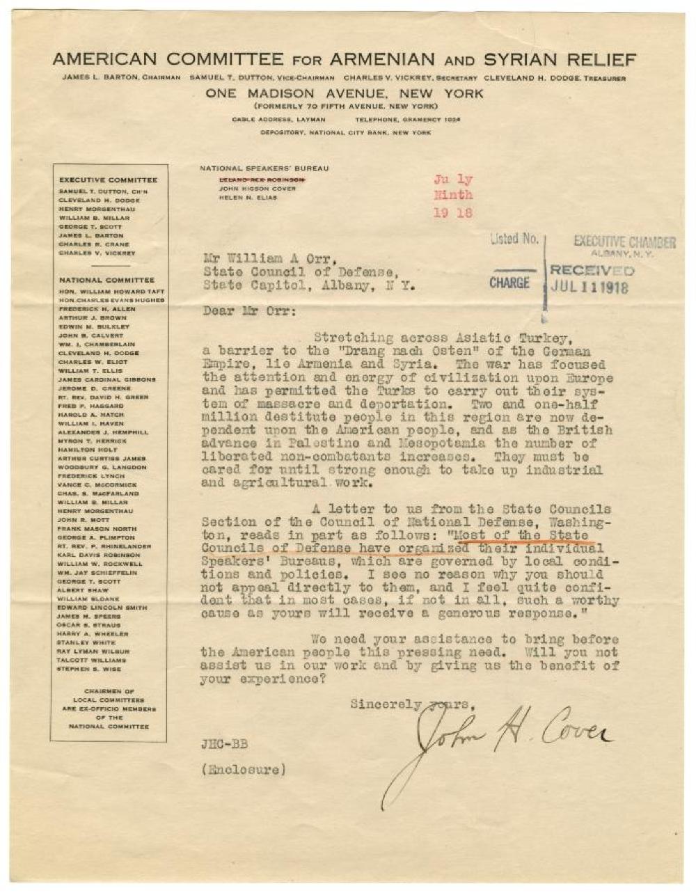 Appeal from the American Committee for Armenian and Syrian Relief, 1918 page 1