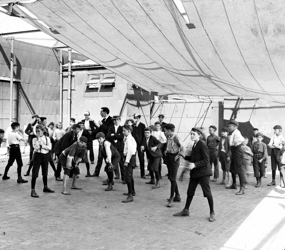 Boys Exercising on the Roof Garden, New York City Public School #1, c. 1900 page 1