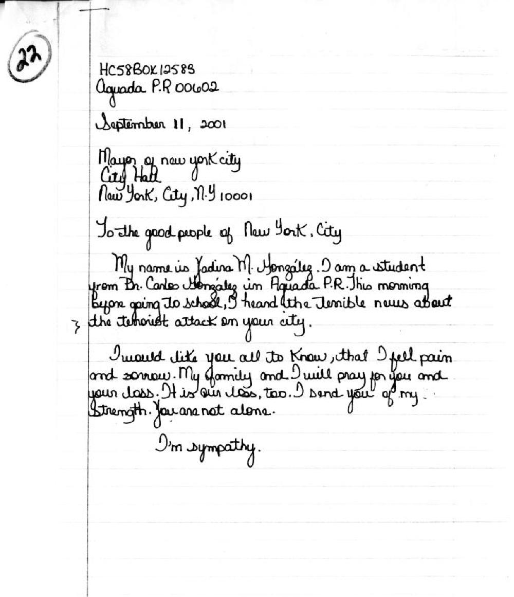 September 11th Letter from Gonzalez, 2001 page 1