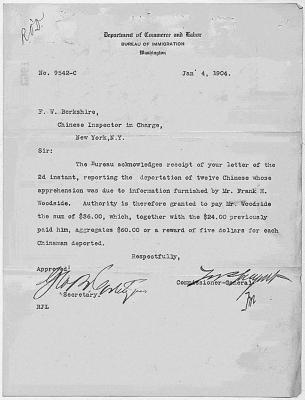 Load Letter, Commissioner General of the Bureau of Immigration about Chinese, New York City, 1904 in Main Document Viewer