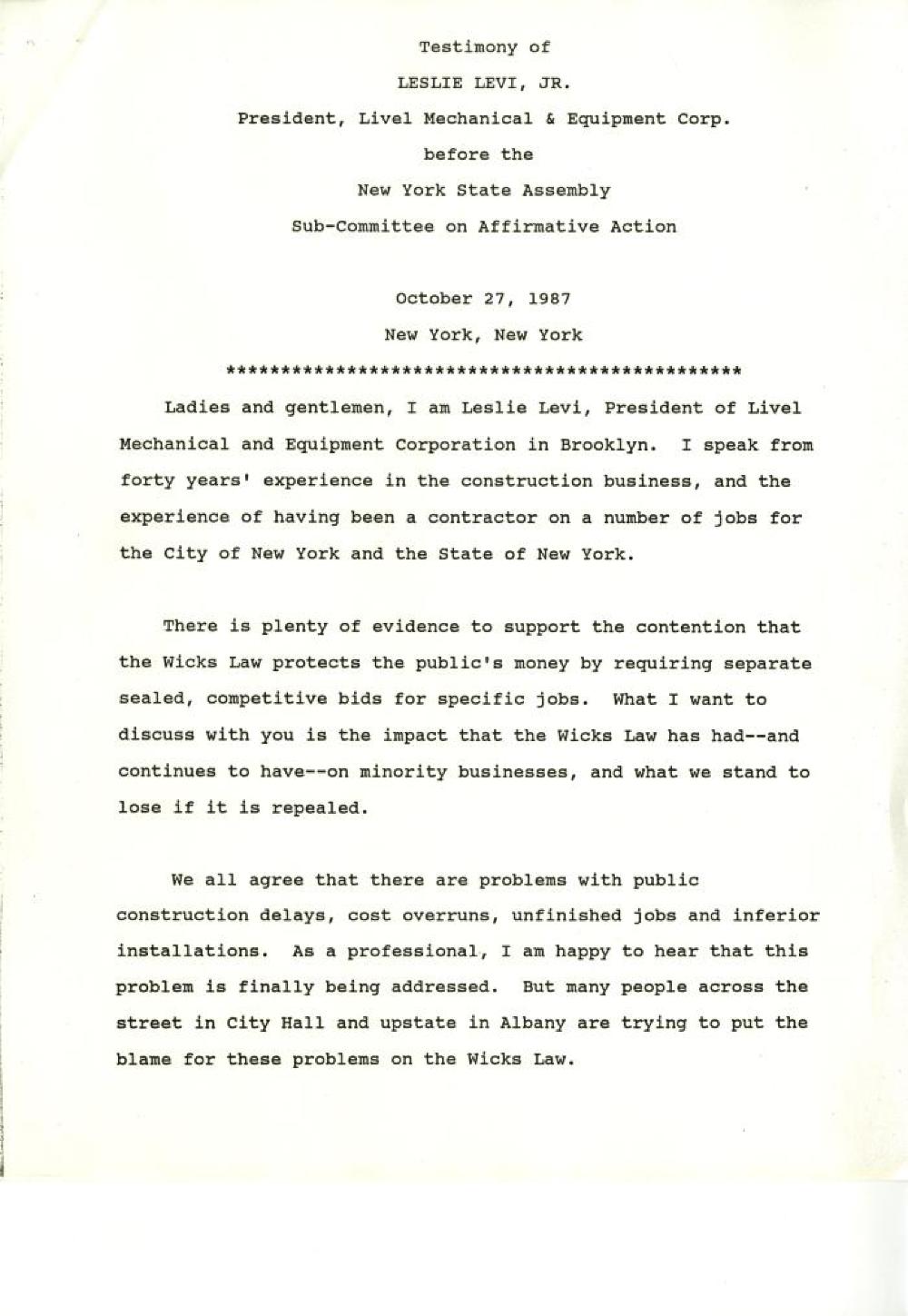 Testimony of Leslie Levi, Jr., NYS Assembly Sub-Committee on Affirmative Action, October 27, 1987 page 1