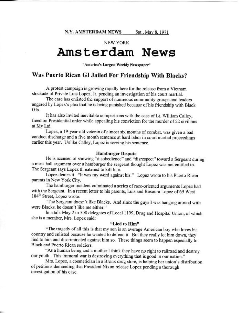 Article, "Was Puerto Rican GI Jailed For Friendship With Blacks?" Amsterdam News, May 8, 1971 page 1
