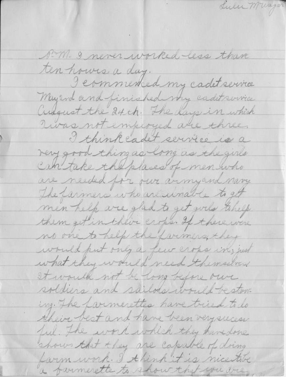 Lulu Wagar, Farm Cadet Essay, World War I, c. 1918 page 2