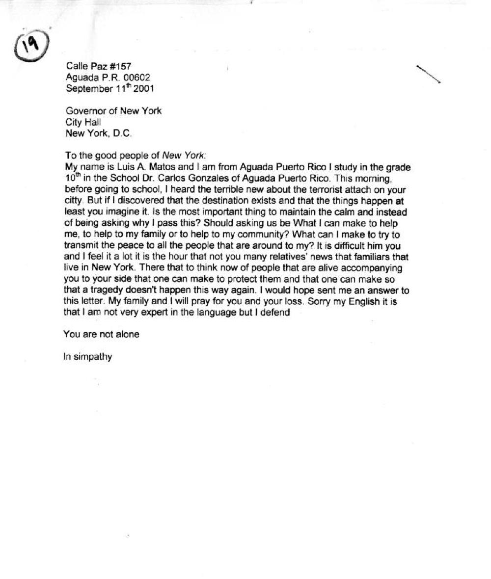 September 11th Letter from Matos, 2001 page 1