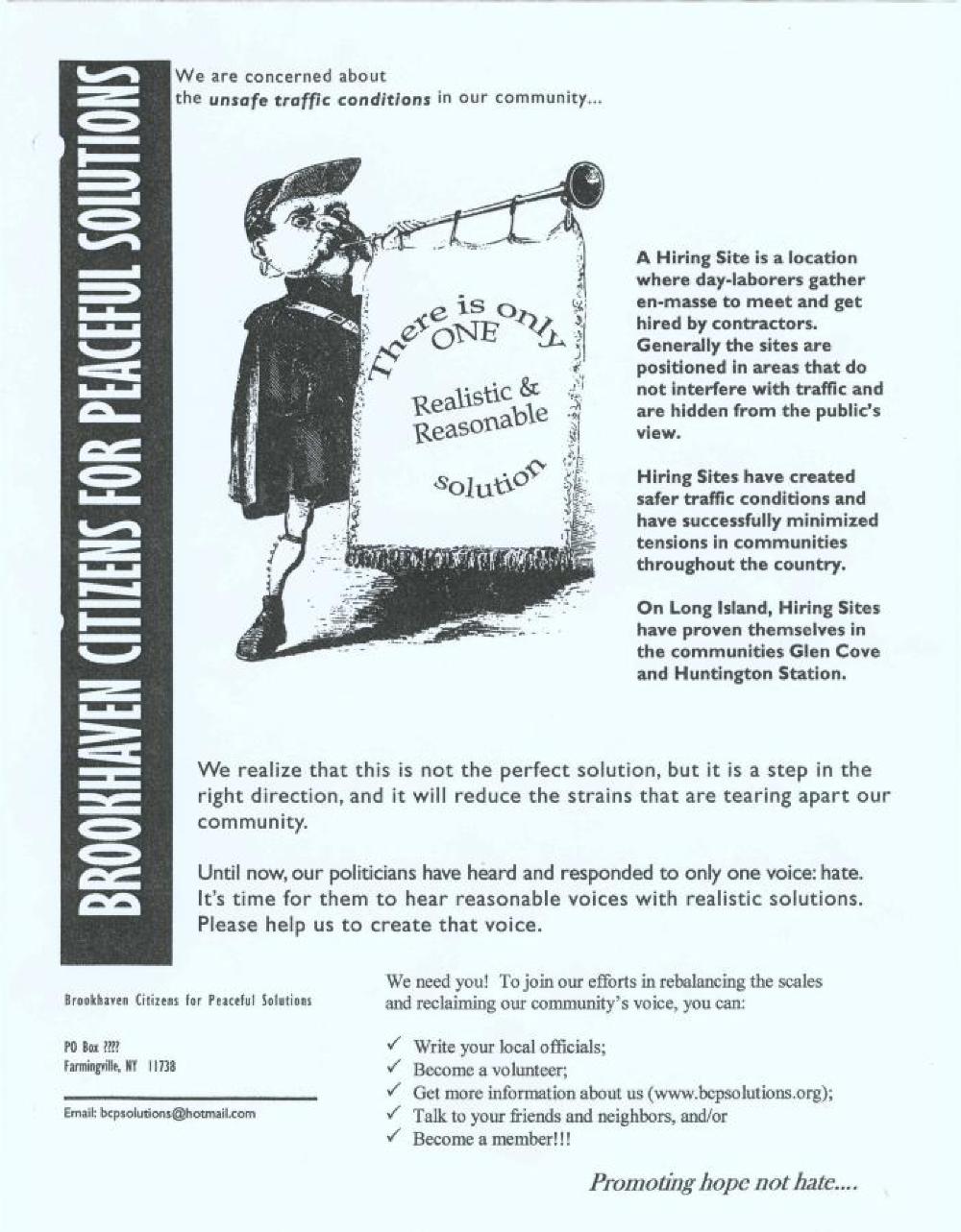 Brookhaven Citizens for Peaceful Solutions Proposal for Hiring Site, 2005 page 1