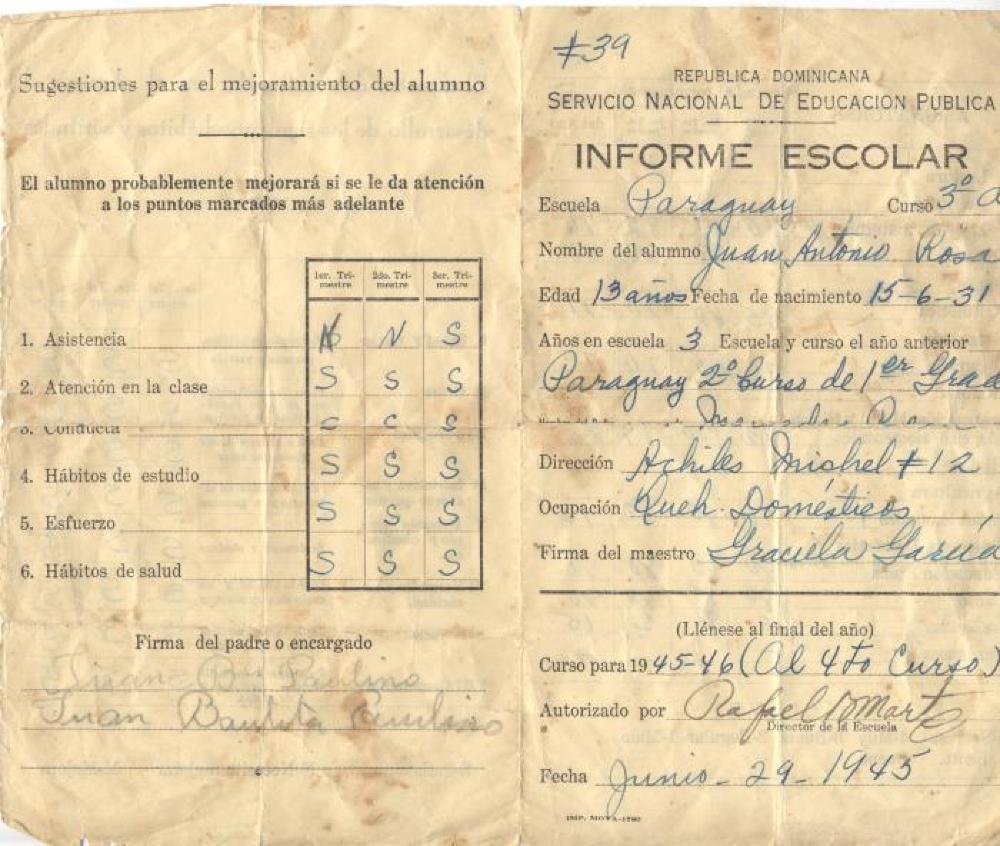 Report Card of Juan Antonio Rosa, Dominican Republic, 1945 page 1