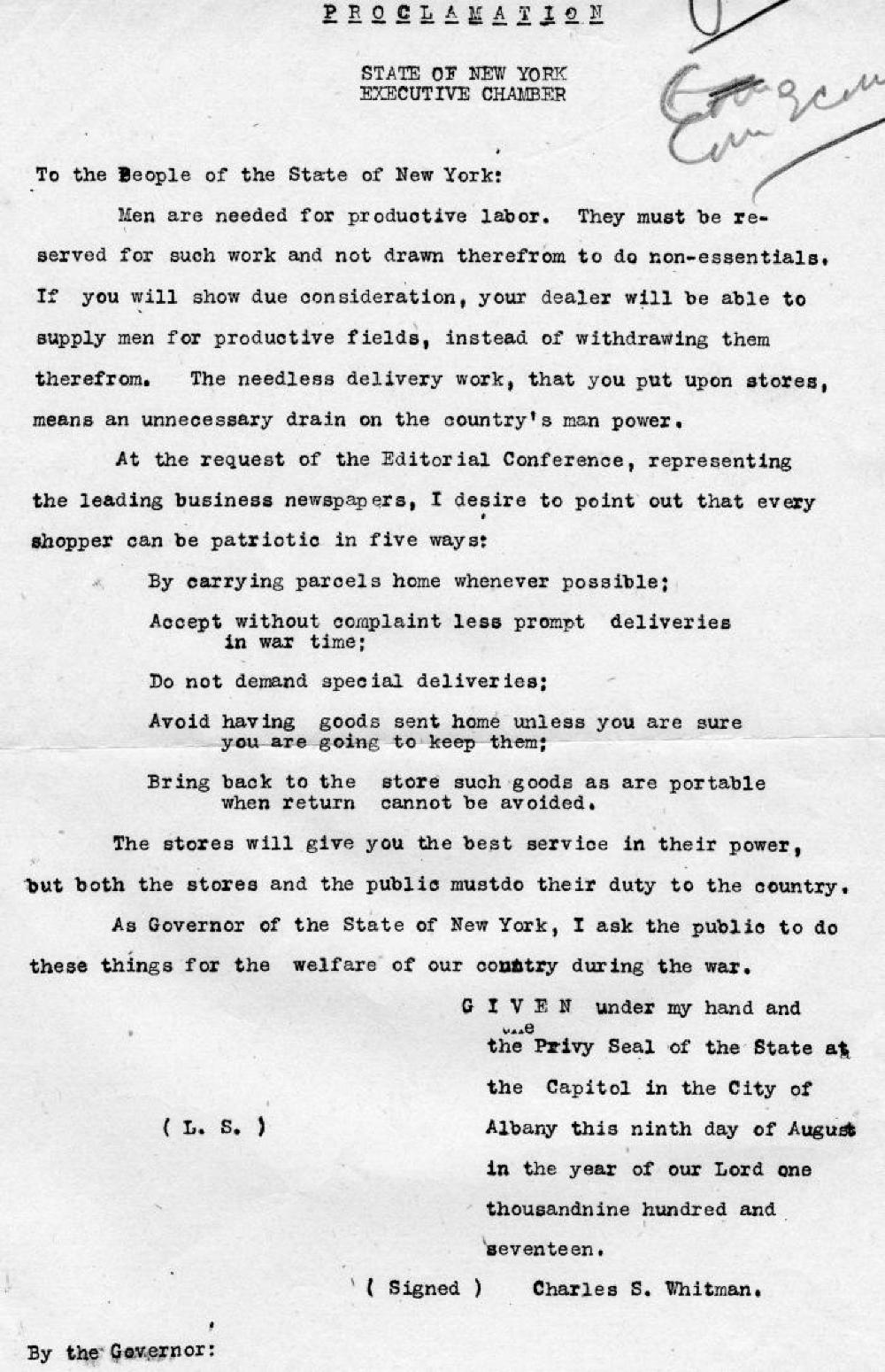Governor Whitman's Proclamation Concerning Nonessential Work, August 8, 1917 page 1